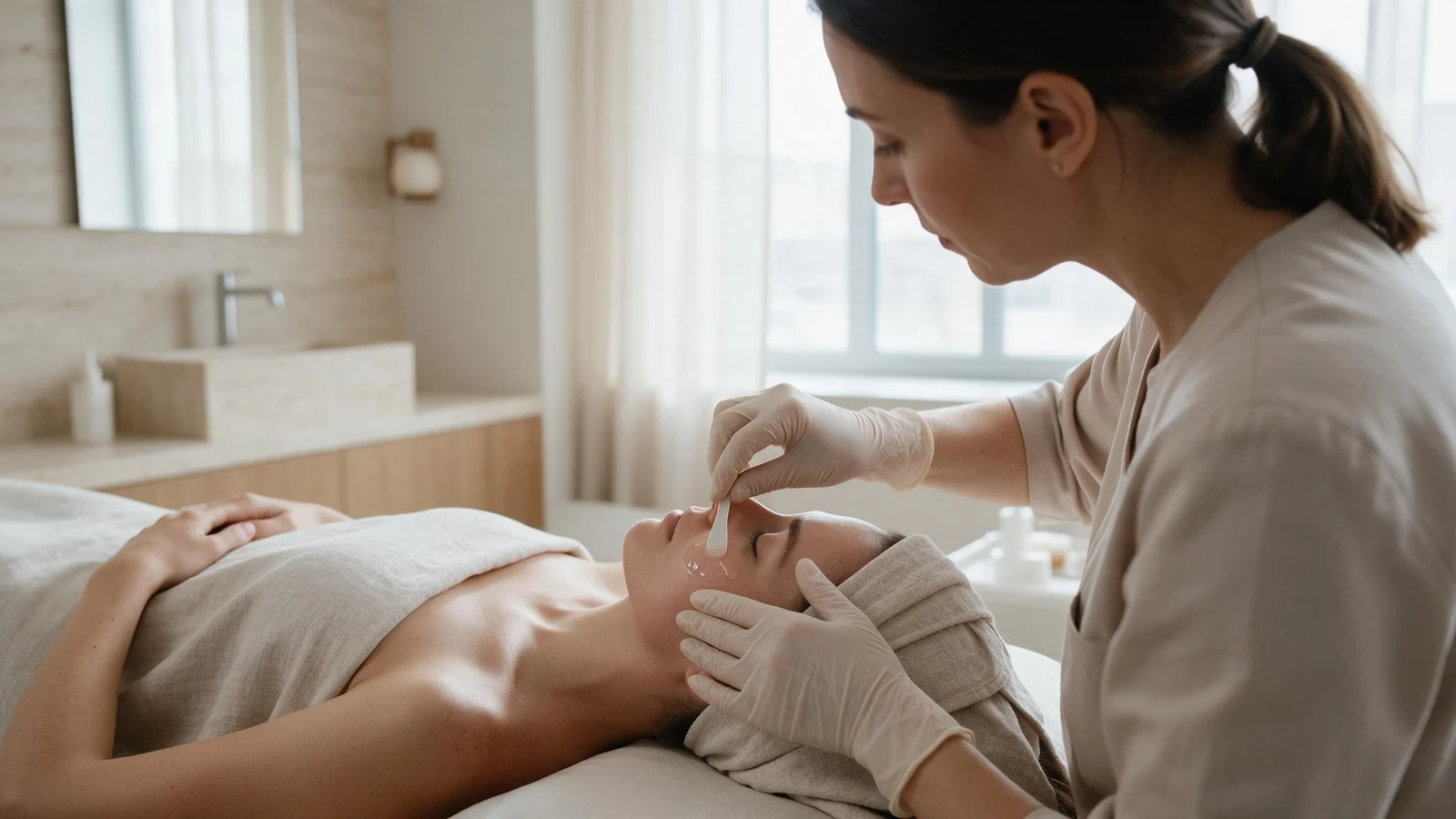 A gloved cosmetologist applies serum to a client in a bright studio