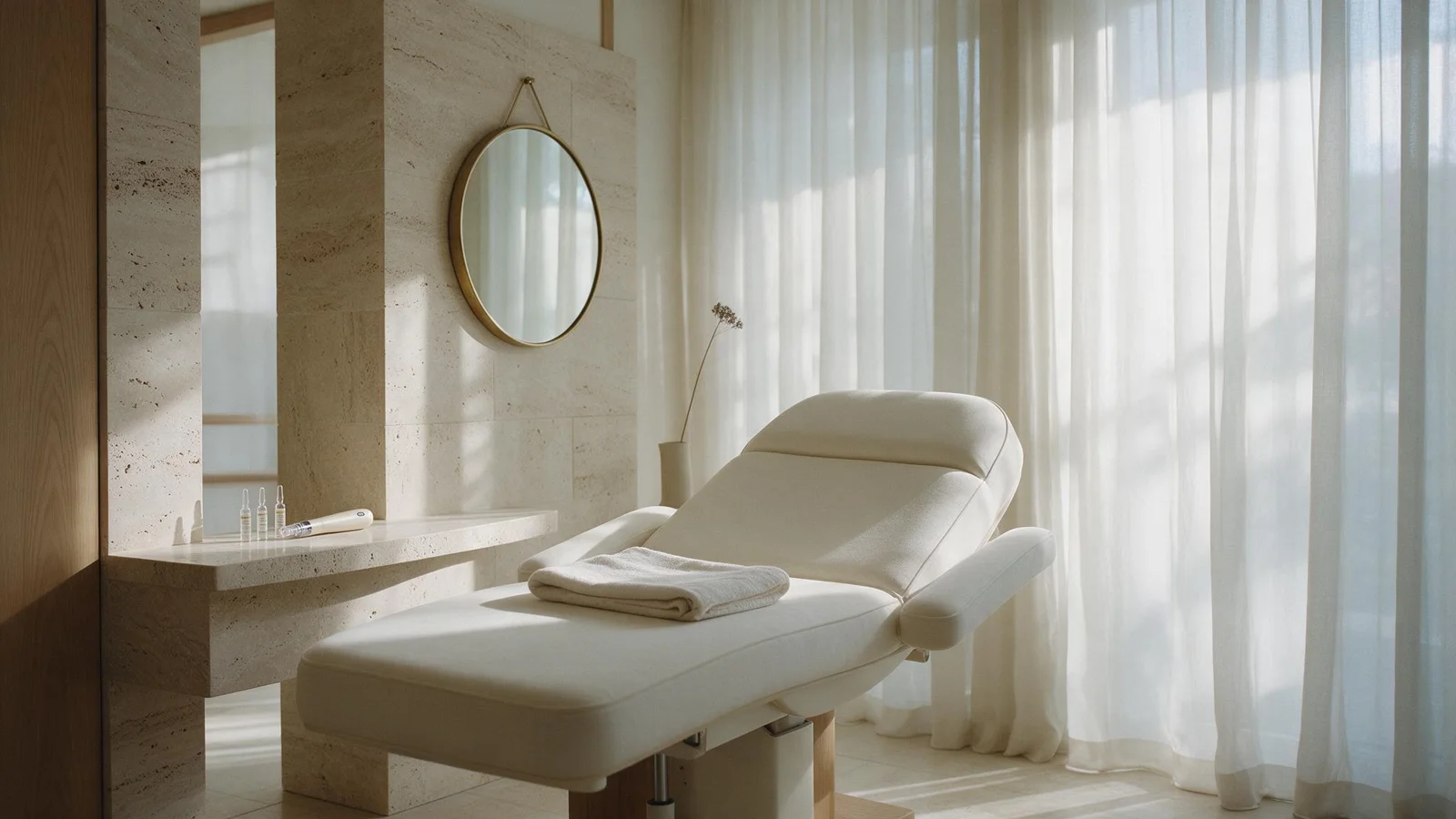 A bright luxury treatment room with a beauty bed, travertine and sheer curtains